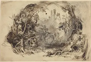 Castle On A Hill (Set for "Sleeping Beauty and the Beast"?), by Robert Caney, ink