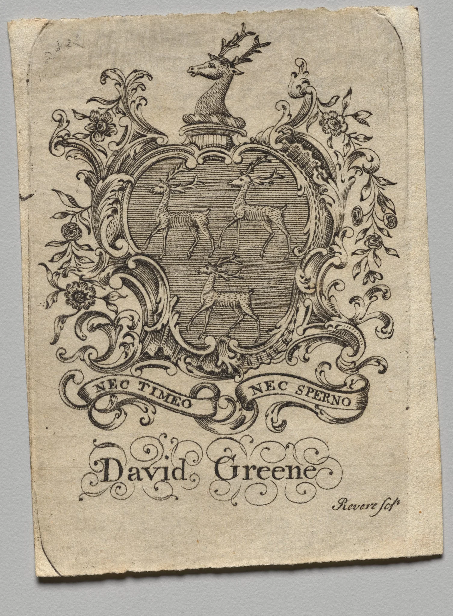 Bookplate: Coat of Arms with David Greene inscribed below, detail