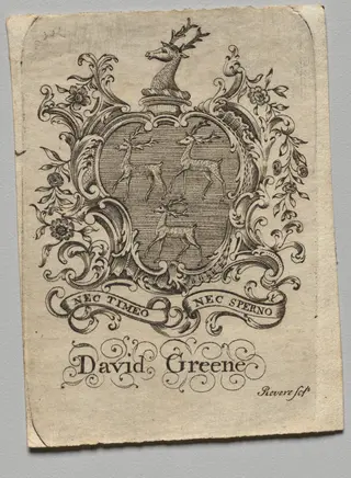 Bookplate:  Coat of Arms with David Greene inscribed below, by Paul Revere II, 1782