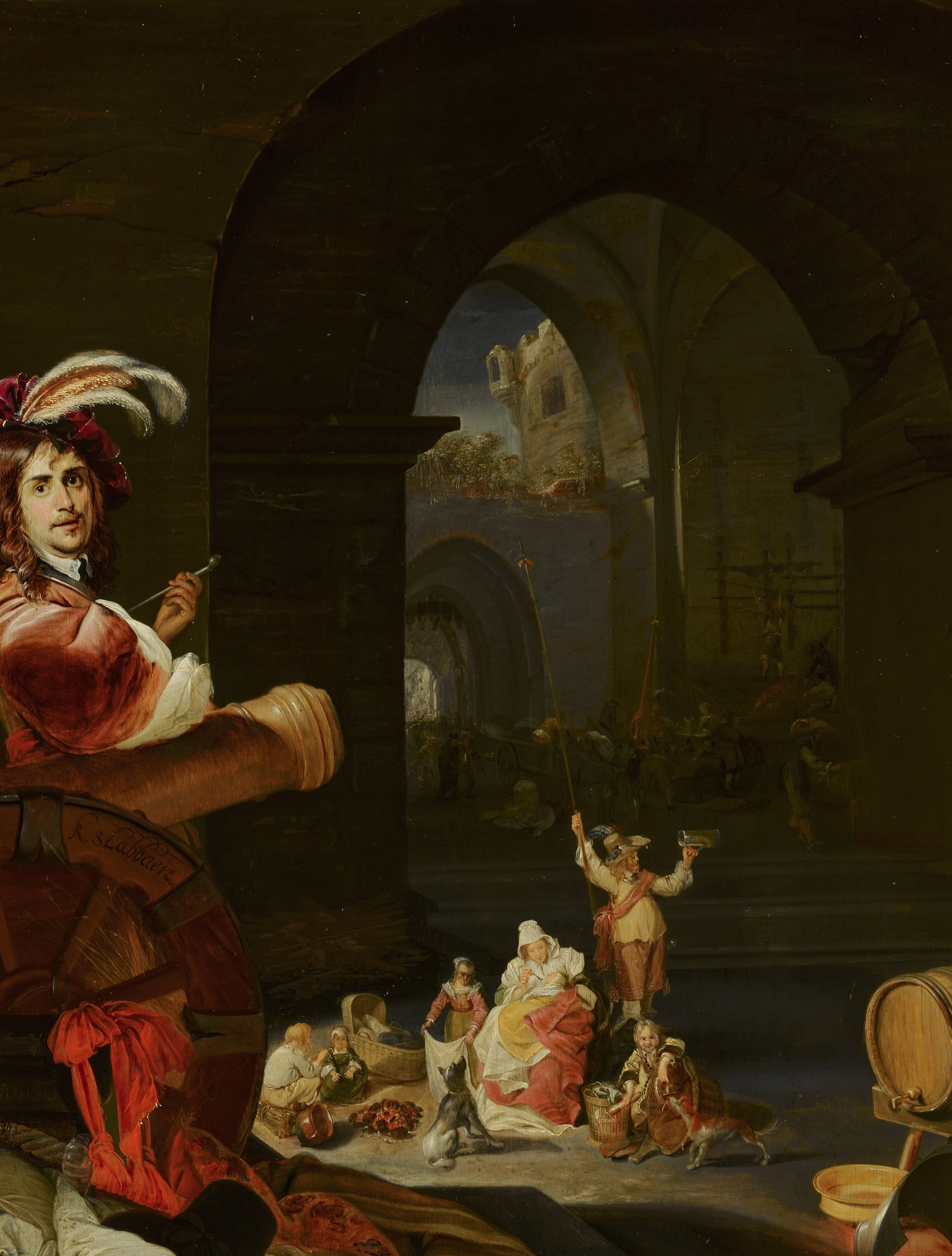 Soldiers and Other Figures among the Ruins of a Castle, with a Self-Portrait of the Artist in the Foreground, detail