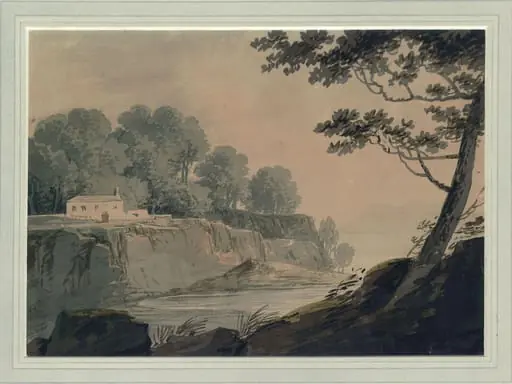 River scene with cottage and trees, by William Payne, watercolor, 1776