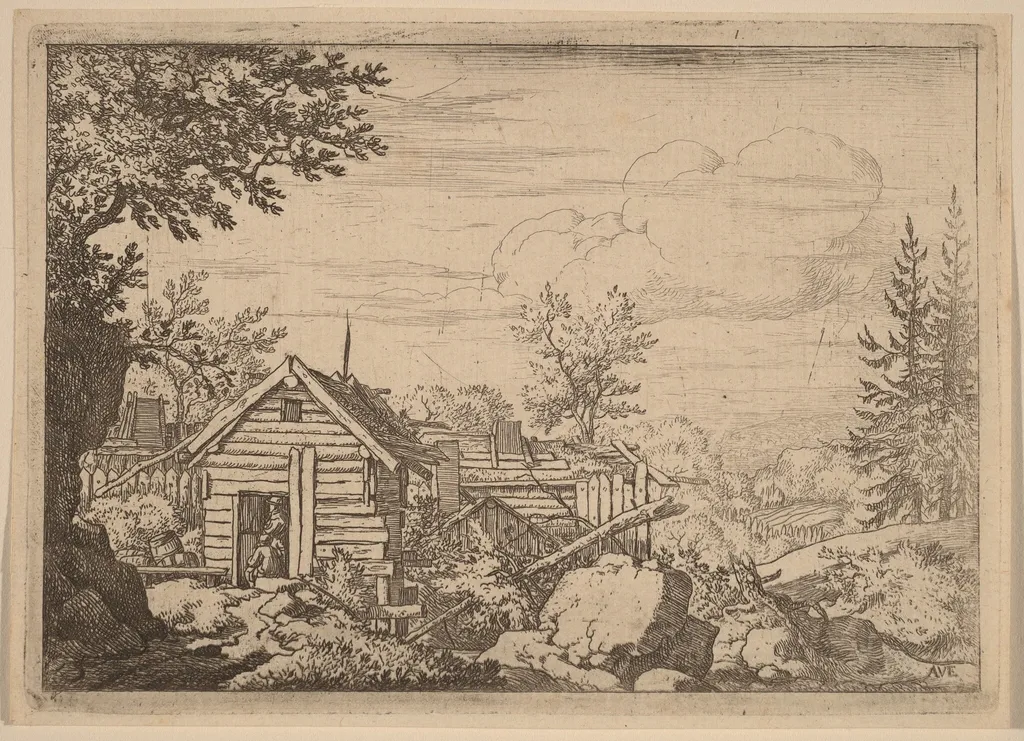 Two Men in the Doorway of a Hut, by Allart van Everdingen, ink, 1650