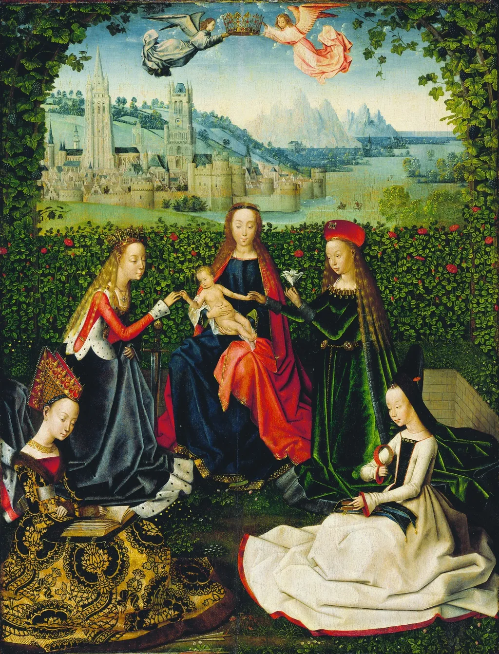 Virgin of the Rose Garden, by Master of the Legend of Saint Lucy, oil, 1475