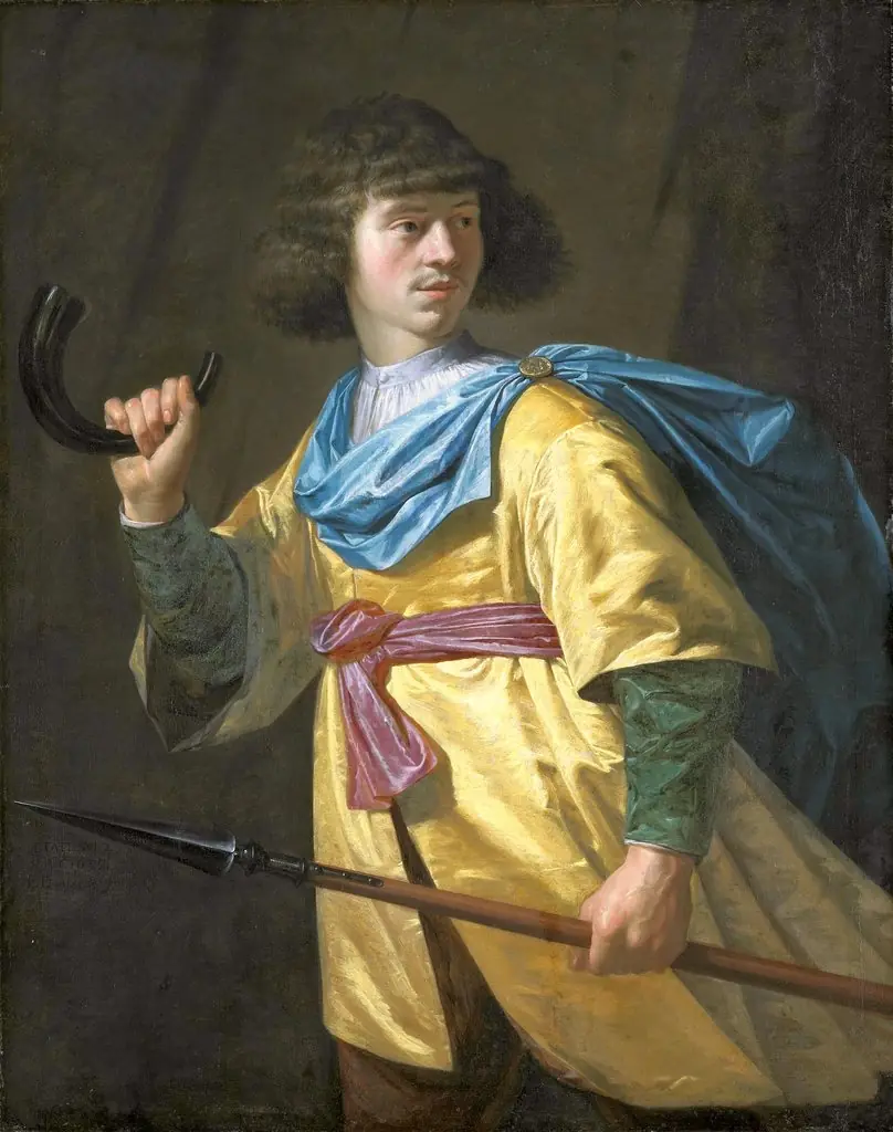 Portrait of a young man with a javelin and a hunting horn, by Peter Danckerts de Rij, oil, 1635