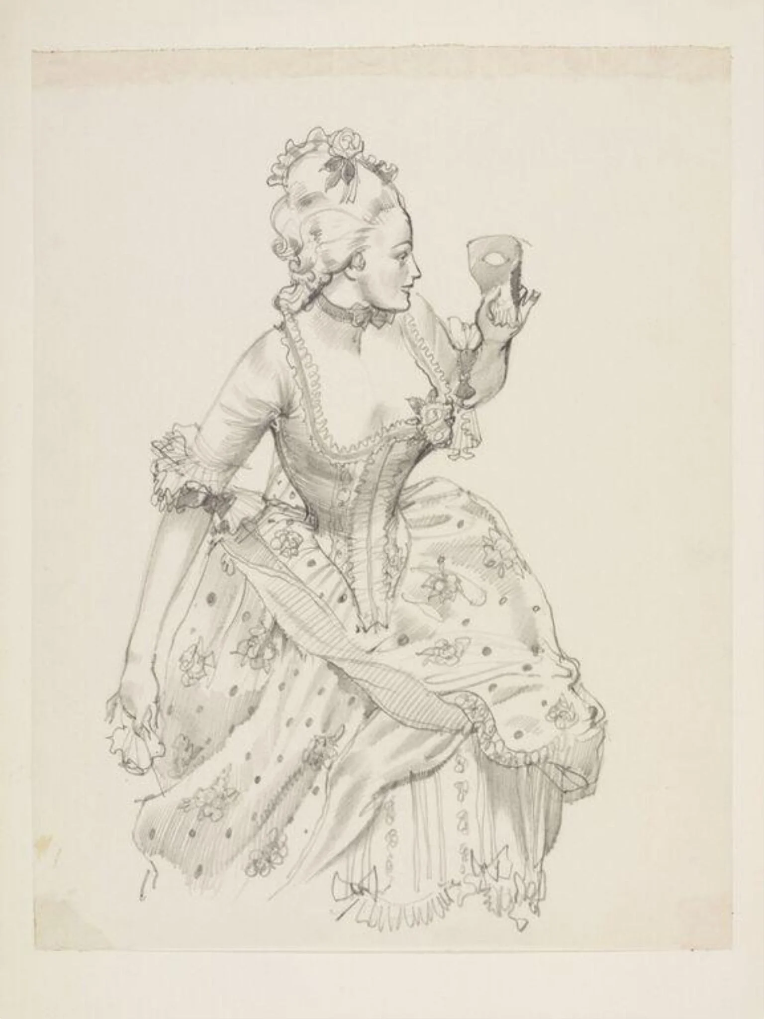 Woman in eighteenth century dress and masque, detail