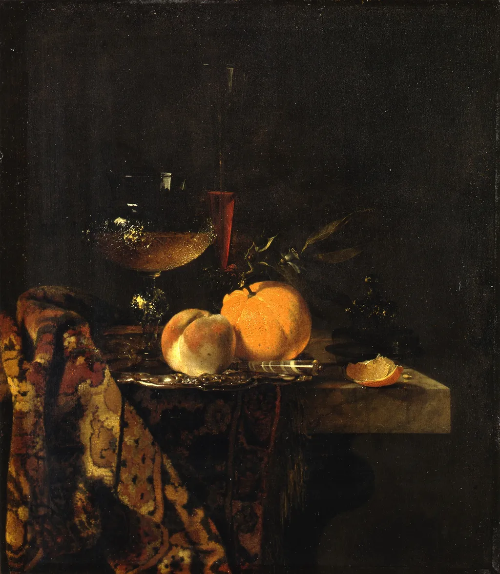 Still-Life with Glass Goblet and Fruit, by Willem Kalf, oil, 1655