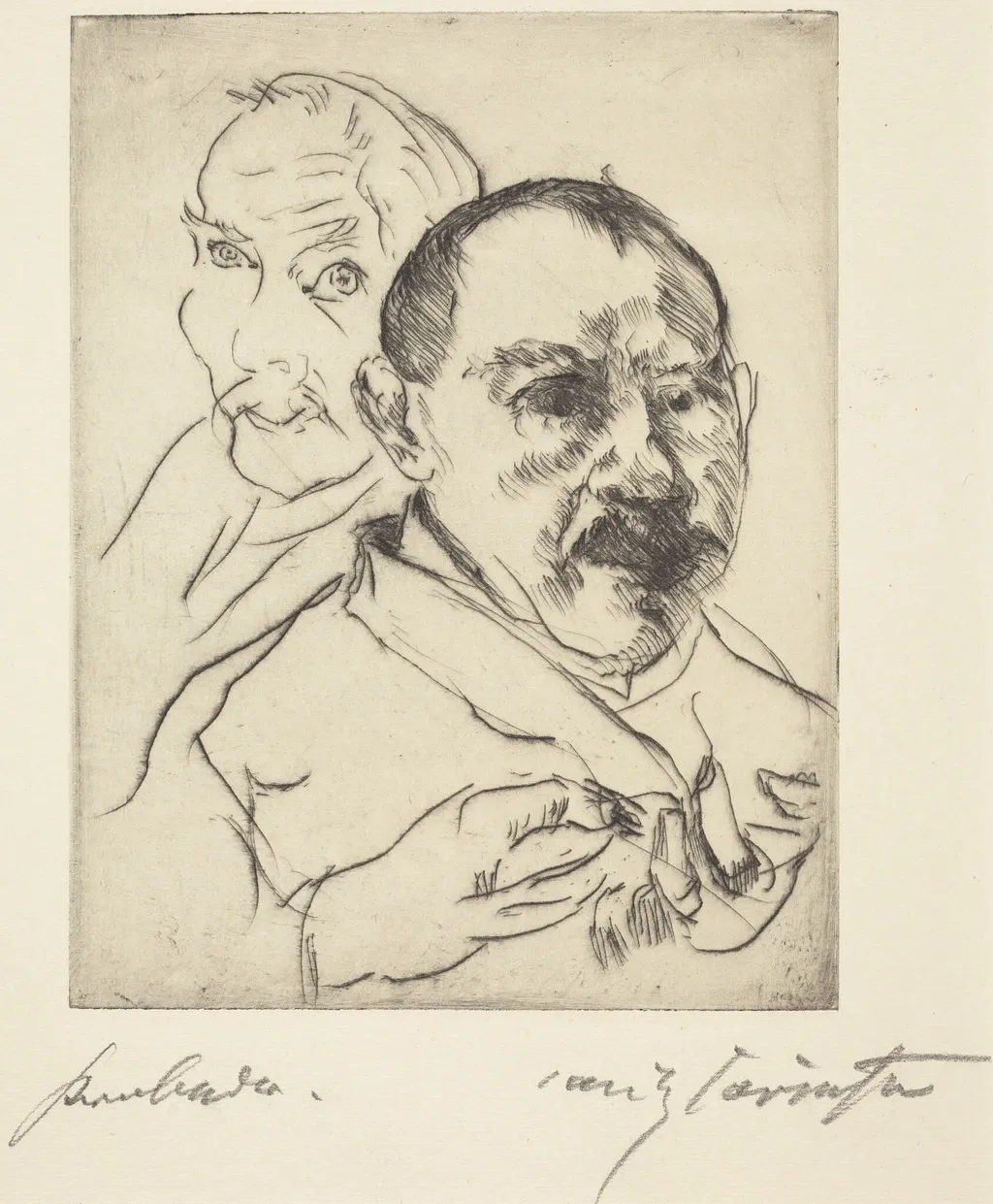 Zwei Männliche Studienköpfe—Selbstbildnisse (Sketch of Two Male Heads—Self-Portraits), by Lovis Corinth, ink, 1915