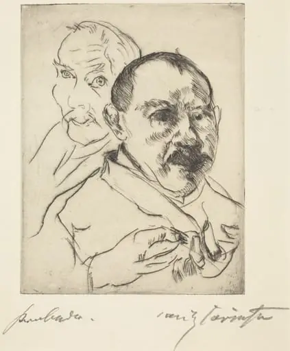 Zwei Männliche Studienköpfe—Selbstbildnisse (Sketch of Two Male Heads—Self-Portraits), by Lovis Corinth, ink, 1915
