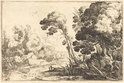 Wooded Landscape with a River, by Laurent de La Hyre, ink, 1640
