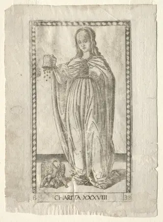 Charity (from the Tarocchi, series B: Cosmic Principles & Virtues, #38), by Master of the E-Series Tarocchi, 1467