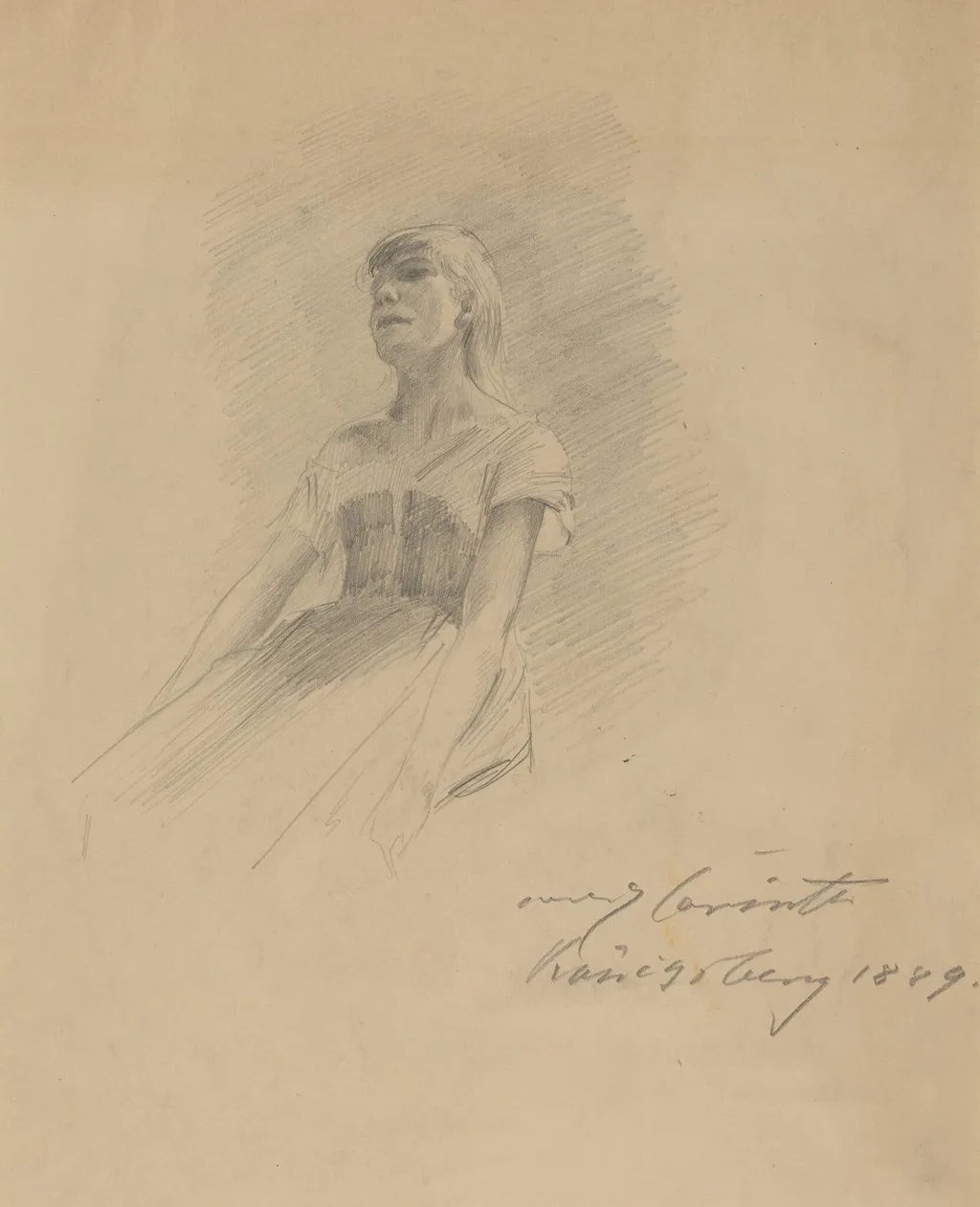 Seated Young Woman [recto], by Lovis Corinth, graphite, 1889