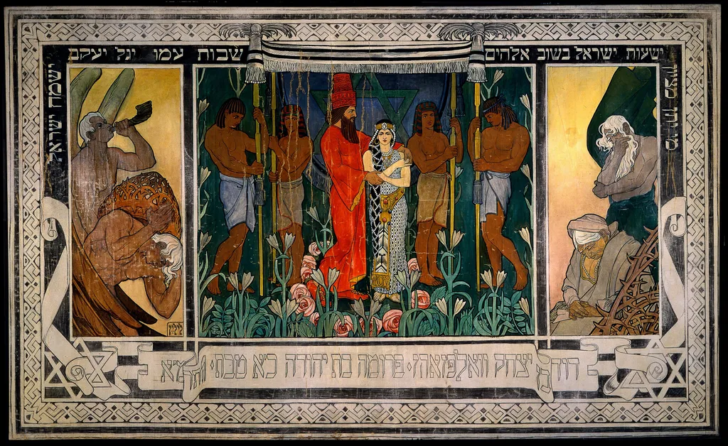 An Allegorical Wedding- Sketch for a carpet dedicated to Mr. and Mrs. David Wolffsohn Triptych (from..., by Ephraim Moses Lilien, charcoal, 1906