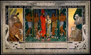 An Allegorical Wedding- Sketch for a carpet dedicated to Mr. and Mrs. David Wolffsohn Triptych (from..., by Ephraim Moses Lilien, charcoal, 1906