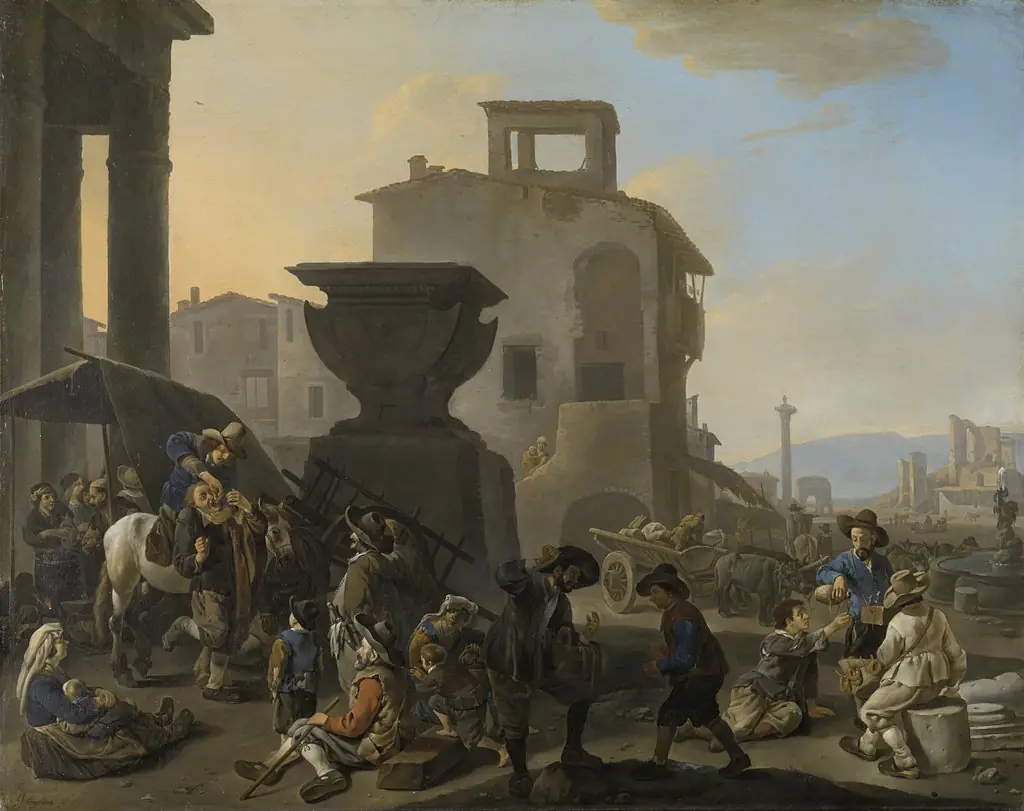 Italian Marketplace with a Quack Dentist, by Johannes Lingelbach, oil, 1651
