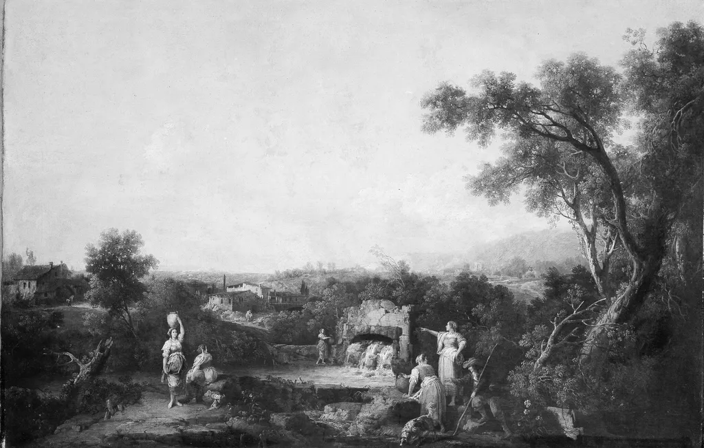 Landscape with Peasants at a Fountain, by Francesco Zuccarelli, oil, 1755
