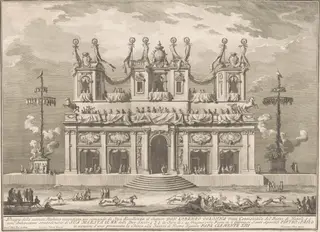The Seconda Macchina for the Chinea of 1765: A Decorated Building with Cockaigne Poles, by Giuseppe Vasi, ink, 1765