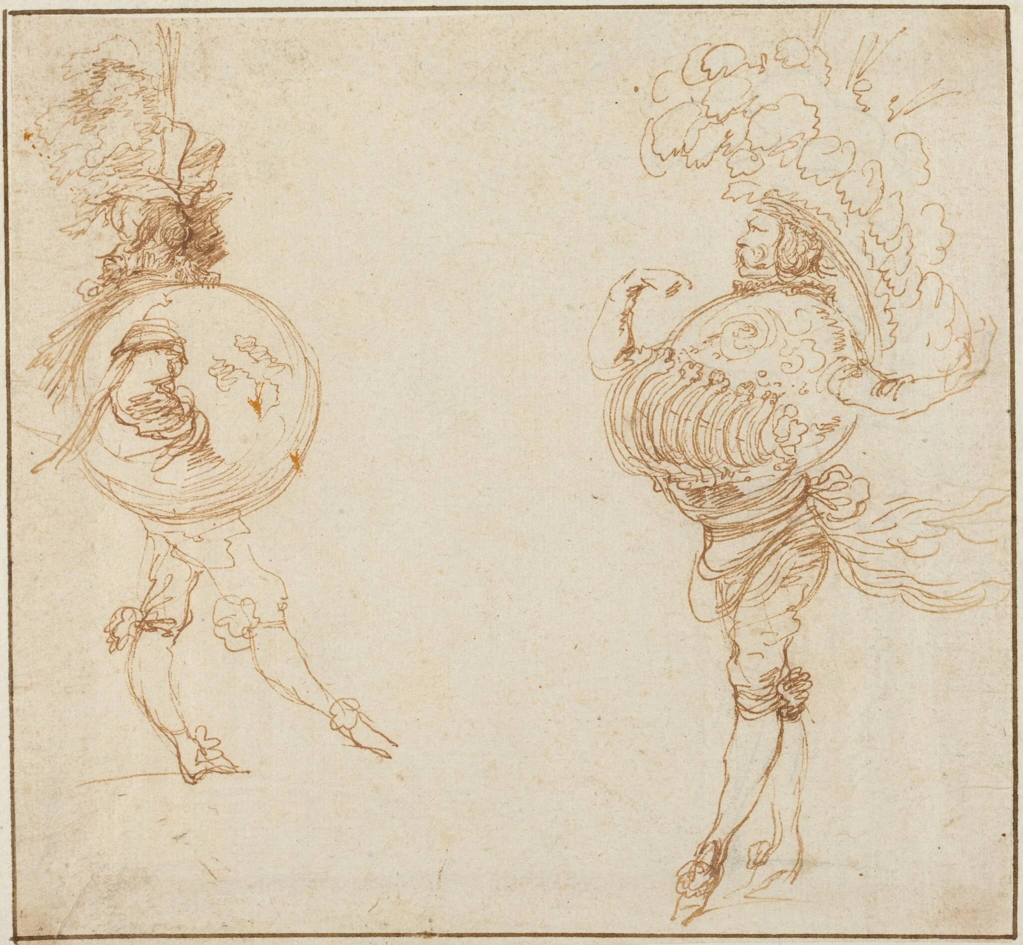 Two Men in Masquerade Costumes: The Earth and a Parade Helmet, detail
