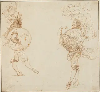 Two Men in Masquerade Costumes: The Earth and a Parade Helmet, by Stefano Della Bella, ink, 1645