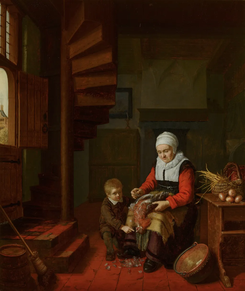 Old Woman Plucking a Cock, by Abraham de Pape, oil, 1655