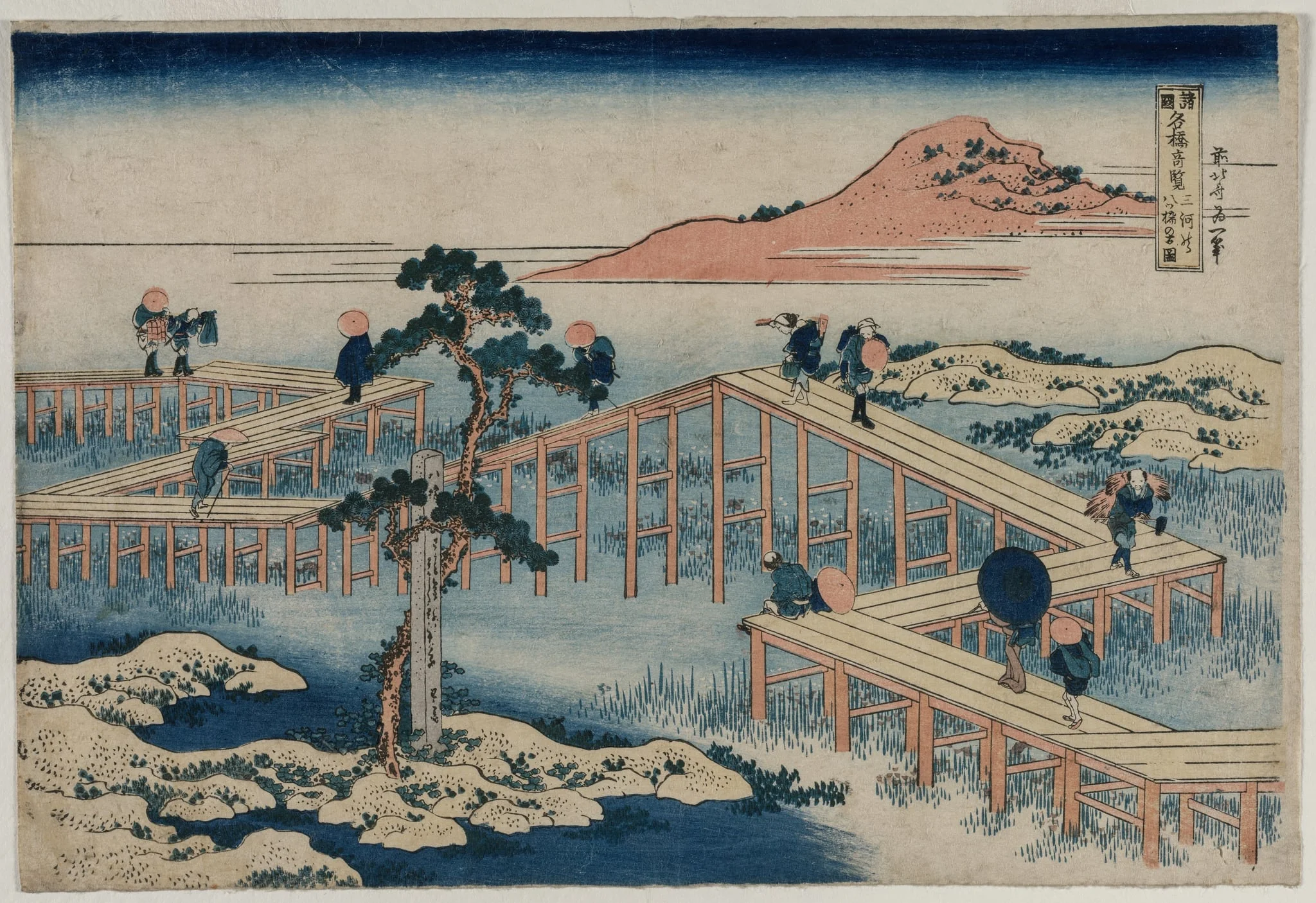 An Ancient Picture of the Eight Part Bridge in Mikawa Province (from the series Curious Views of Famous Bridges in the Provinces), detail