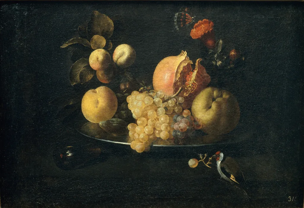 Still Life with Fruit and Goldfinch, by Juan de Zurbarán, oil