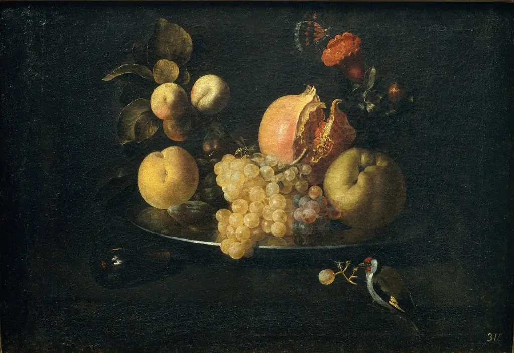Still Life with Fruit and Goldfinch, by Juan de Zurbarán, oil
