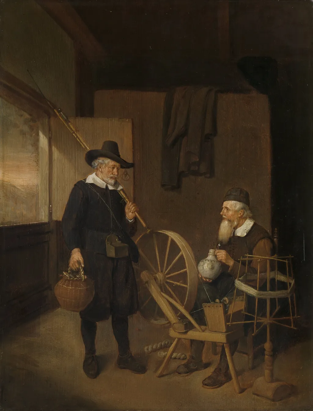 Interior with Fisherman and Man beside a Bobbin and Spool, by Quirijn van Brekelenkam, oil, 1663