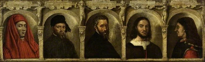 Portraits of five artists, Giotto, Donatello, Michelangelo, Raphael and Brunelleschi, detail