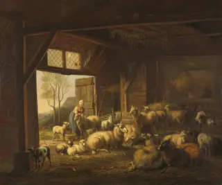 Sheep and Goats in a Stable, by Jan van Ravenswaay, oil, 1821