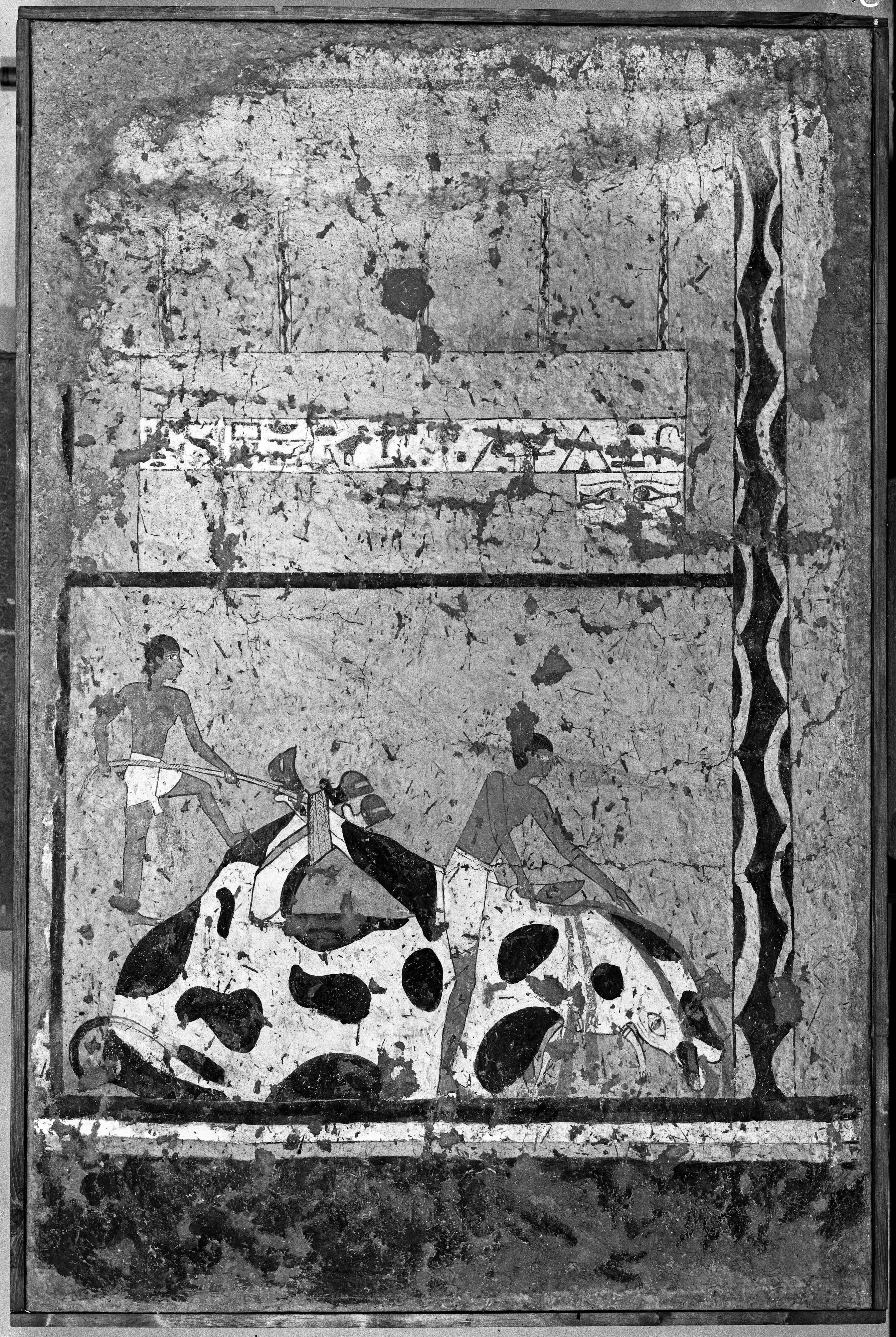 Wall painting: below, a sacrifice; above, a coffin, detail