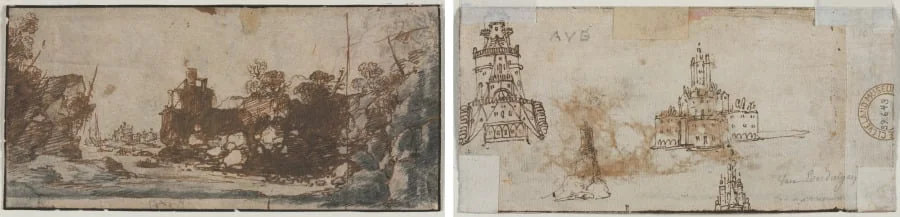 Rocky Inlet with Boats and Buildings (recto); Sketches of Castles (verso), detail