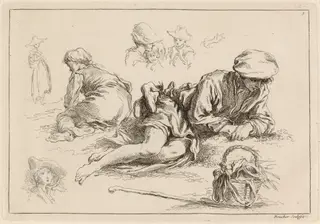 Figure Studies including Reclining Boy, by François Boucher, ink, 1735