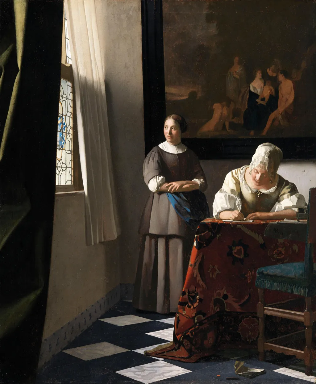 Lady Writing a Letter with her Maid, by Johannes Vermeer, oil, 1670
