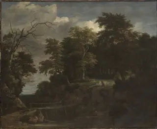 Landscape of a Forest with a Wooden Bridge, by Jacob van Ruisdael, oil, 1670