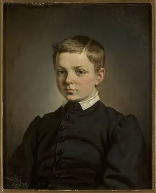 Bust portrait of a boy, by Karol Młodnicki, oil, 1864