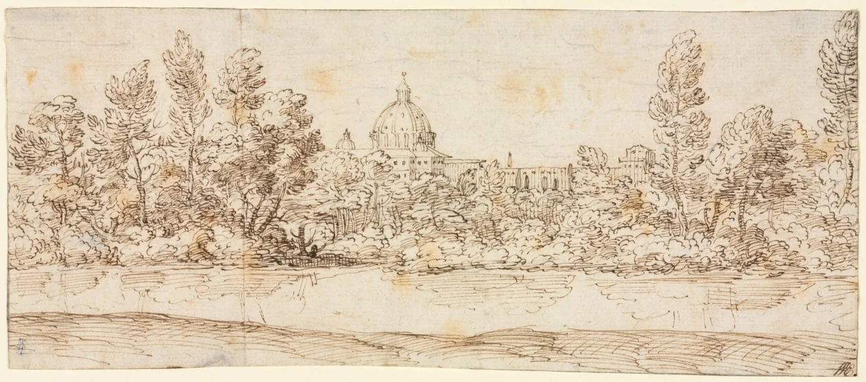 River Landscape with View of St. Peter's Basilica, detail