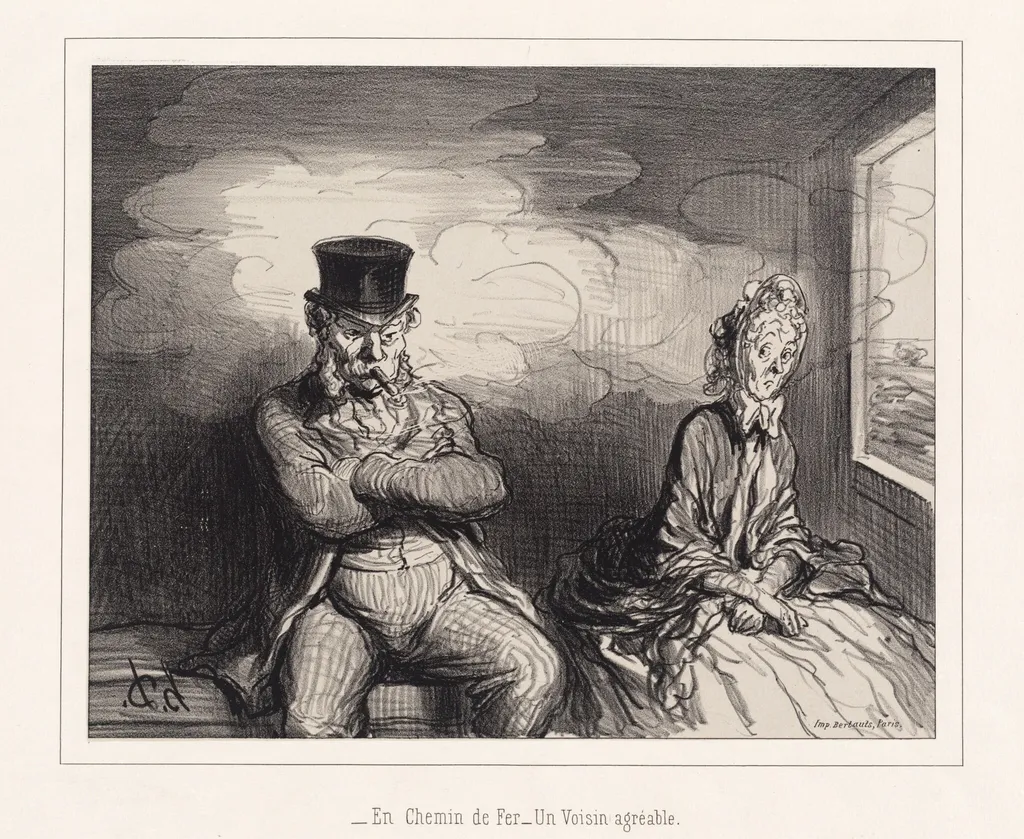 En Chemin de fer... un voisin agréable (On the Railroad: A Pleasant Neighbor), by Honoré Daumier, ink, 1862