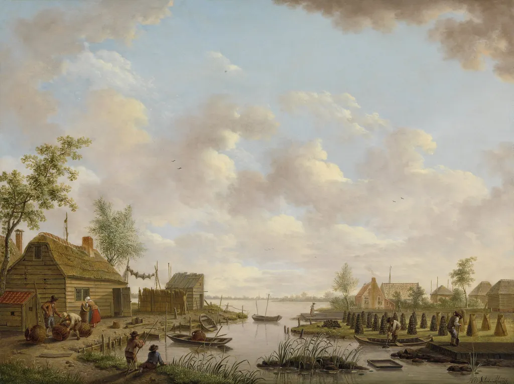 Landscape with Fishermen and Farmers Extracting Peat in a Marsh, by Hendrik Willem Schweickhardt, oil, 1792