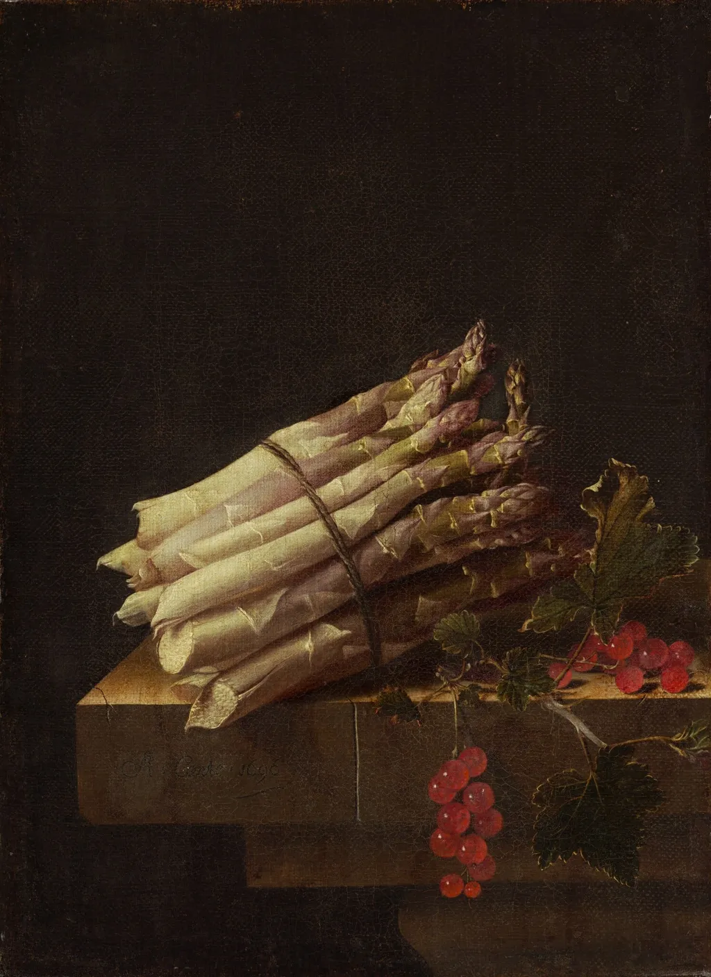Still Life with Asparagus and Red Currants, by Adriaen Coorte, oil, 1696
