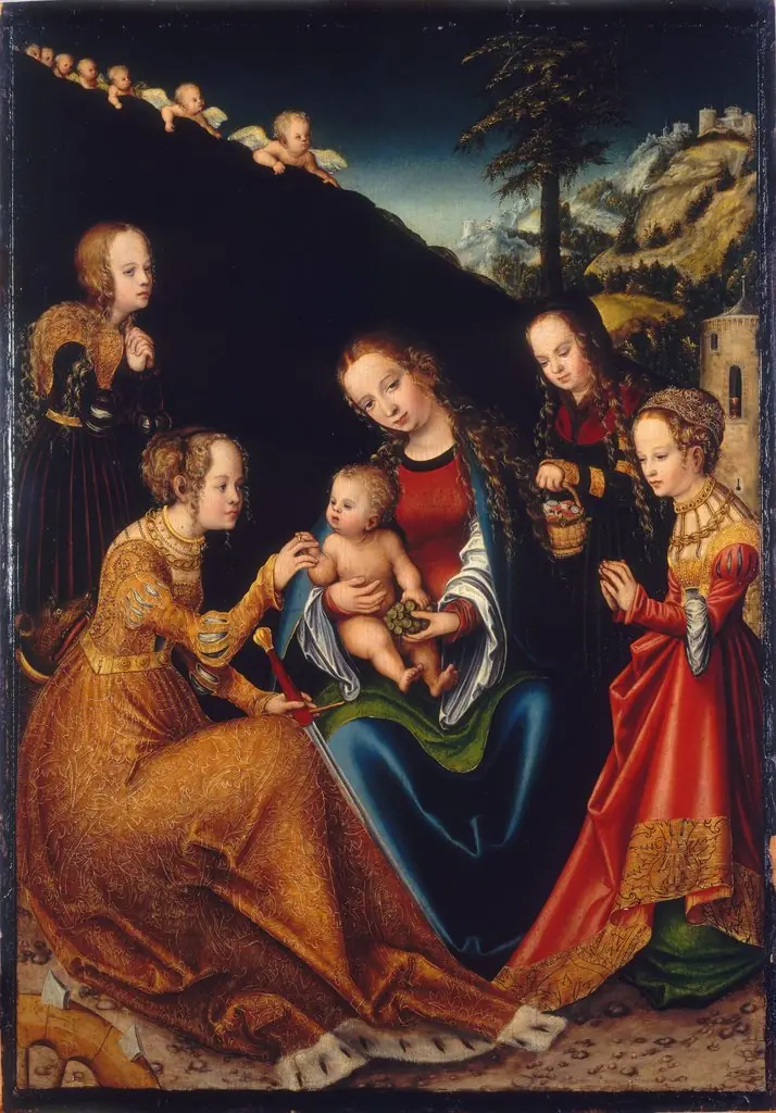 The Mystic Marriage of Saint Catherine of Alexandria with Saints Dorothy, Margaret and Barbara, by Lucas Cranach the Elder, oil, 1516