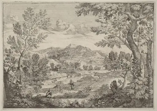 Houses Beside a Mountain, by Crescenzio Onofri, ink, 1696