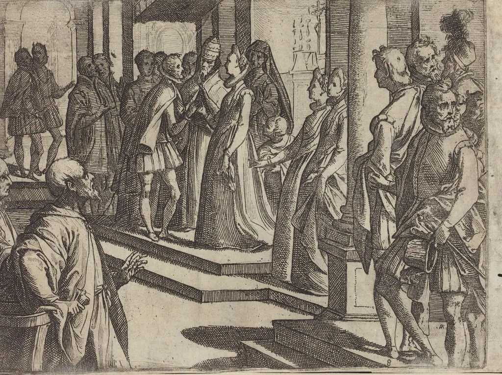 The Betrothal of Margaret of Austria to Philip III, King of Spain [verso], by Raffaello Schiaminossi, ink, 1612