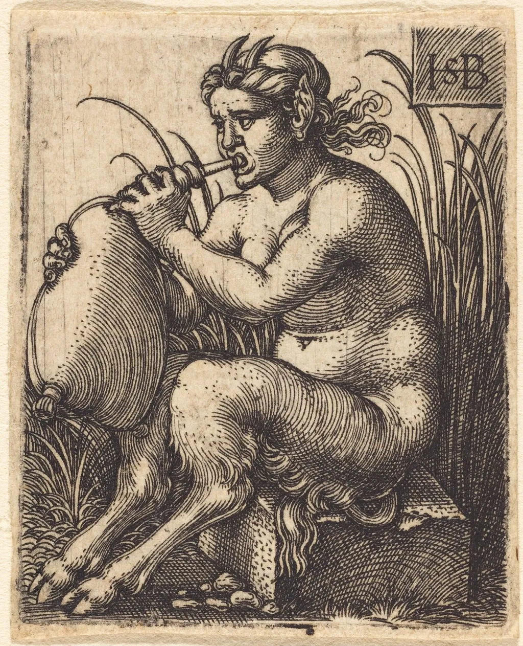 Female Satyr Playing a Bagpipe, by Sebald Beham, ink, 1534