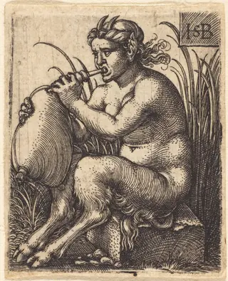 Female Satyr Playing a Bagpipe, by Sebald Beham, ink, 1534