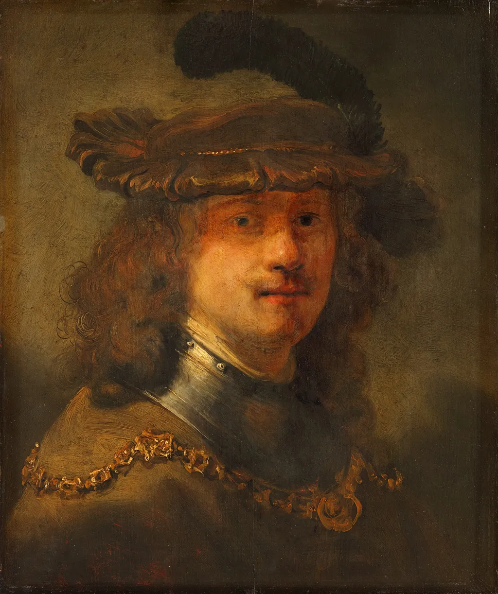 Self portrait with a velvet beret and gold chain, by Rembrandt, oil, 1634