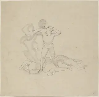 Figure Standing over Corpses, Blowing a Horn, by John Flaxman, graphite, 1795