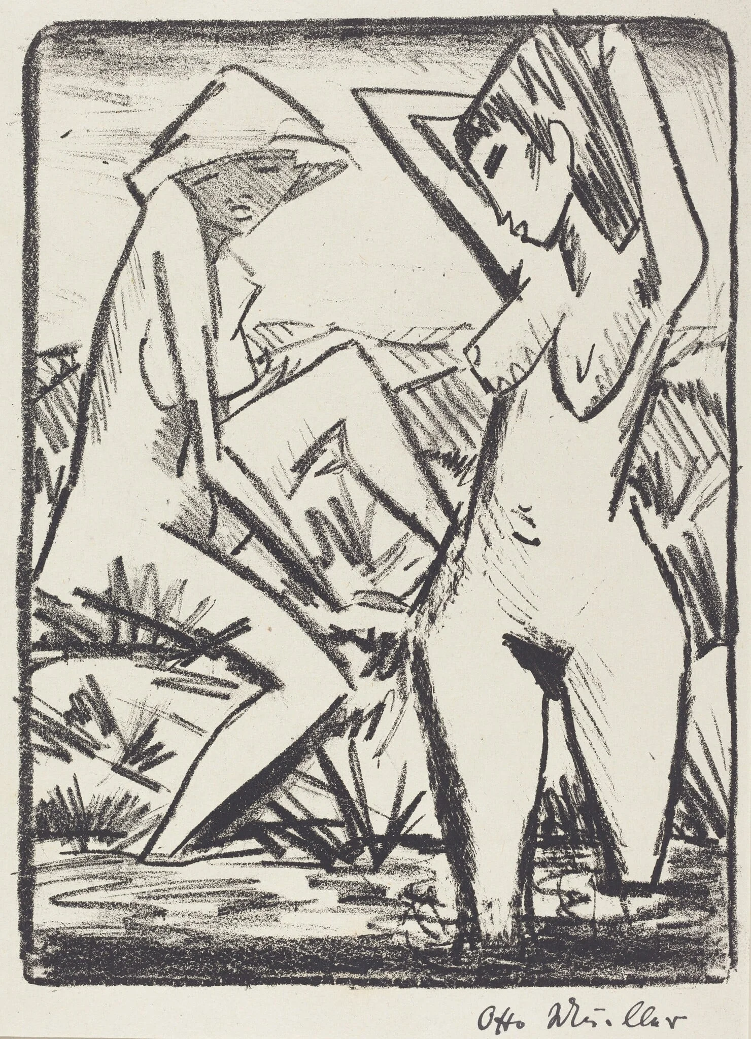 Standing Girl in Water and the Other Sitting on Shore (Im Wasser stehendes und am Ufer sitzendes Madchen mit Hut), detail