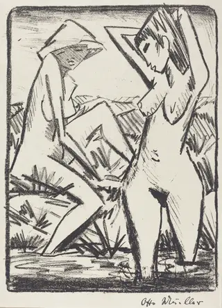 Standing Girl in Water and the Other Sitting on Shore (Im Wasser stehendes und am Ufer sitzendes Madchen mit Hut), by Otto Mueller, ink, 1922