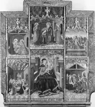 Virgin and Child Enthroned with Scenes from the Life of the Virgin, by Master of Morata, tempera, 1500