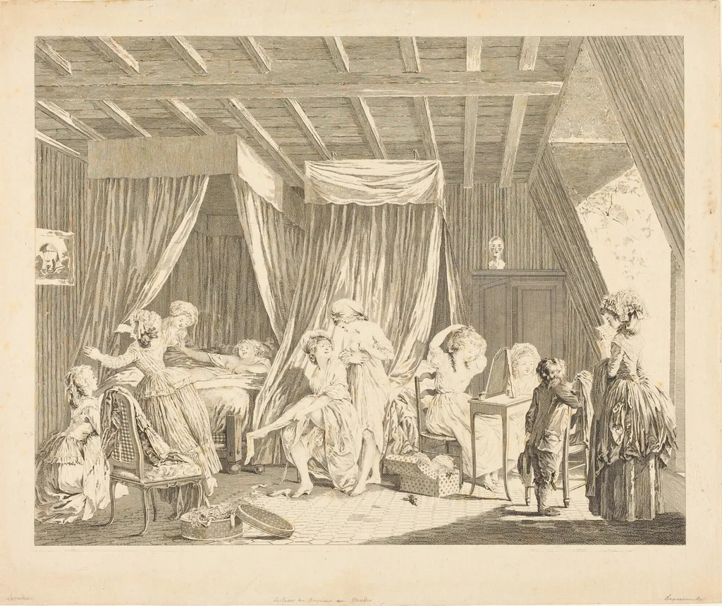 Le lever des ouvrieres en modes, by Francois-Nicolas-Barthelemy Dequevauviller, ink, 1784